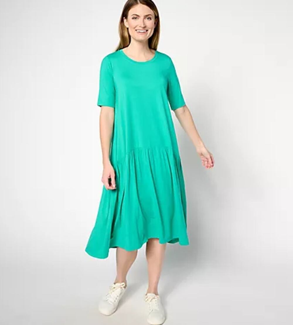 Women's Lori Goldstein LOGO Green Rayon Flowy Drop Waist Elbow Sleeve Dress LP